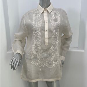 Vintage Tunic  Cream Embroidered Women  Long Sleeve Sheer Shirt